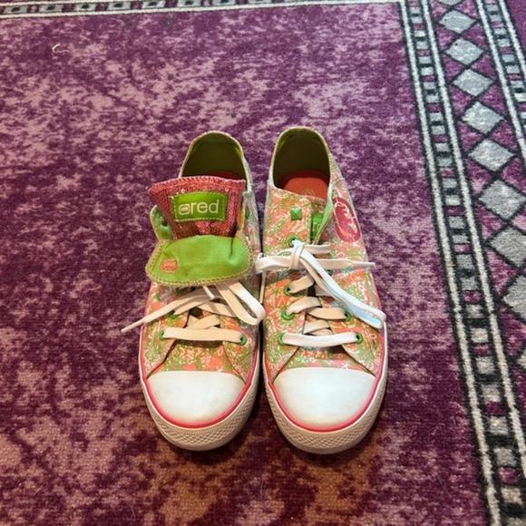 Red  Sneakers with Pink and Green Accents - Picture 1 of 3